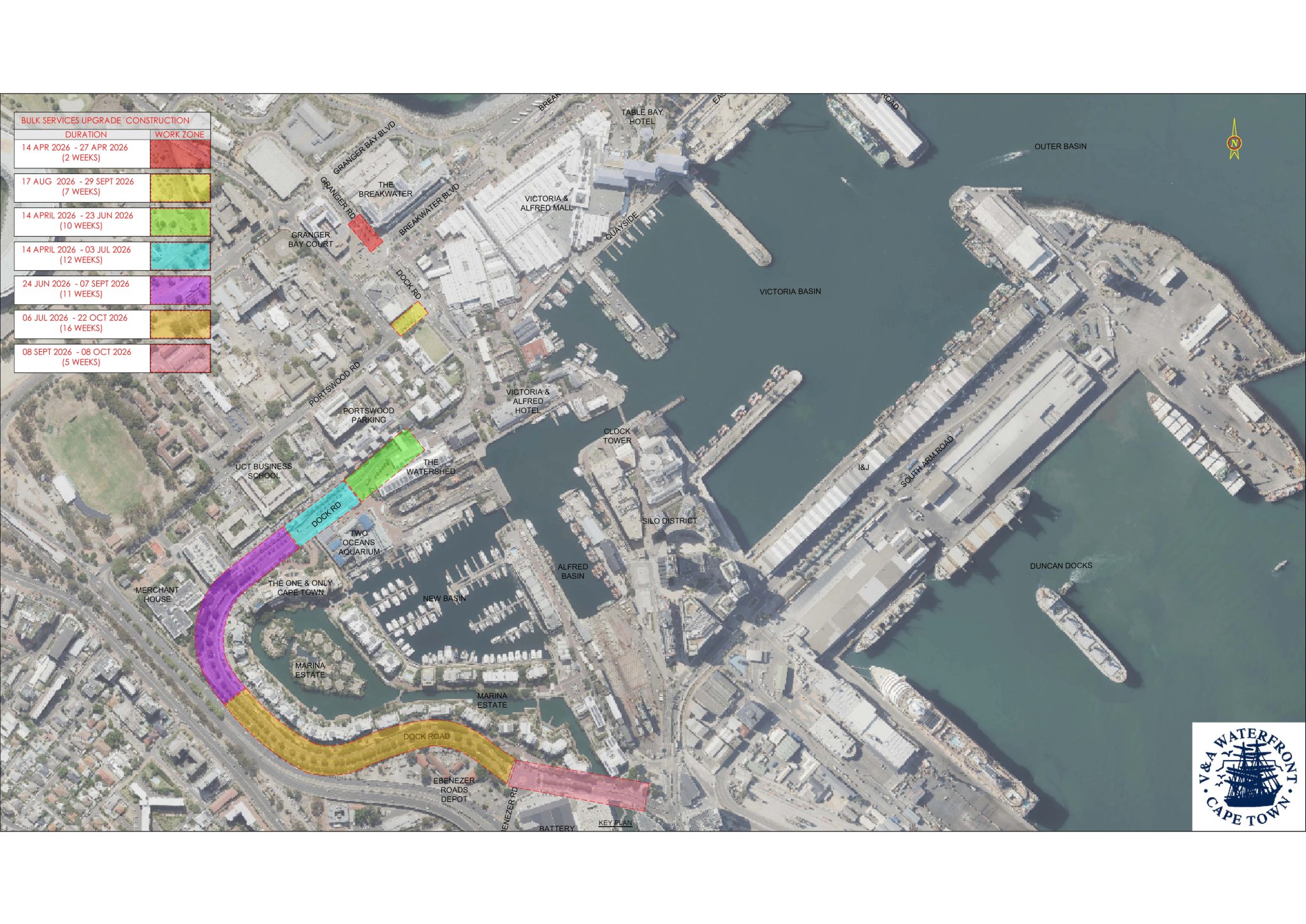 Dock Road construction phasing map, April 2026