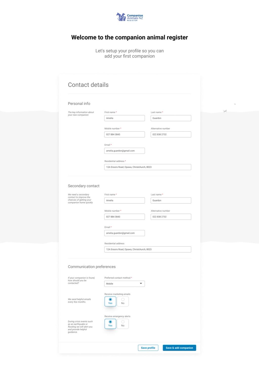Registration page for Guardians of companion animals wanting to create an account for themselves.