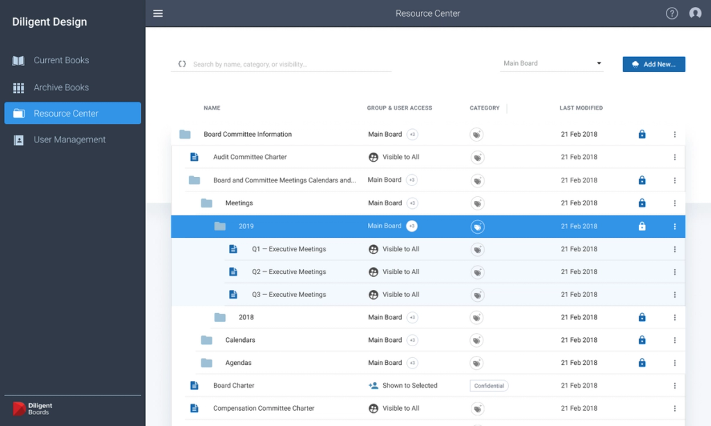 Resource center file management screen for administrators.