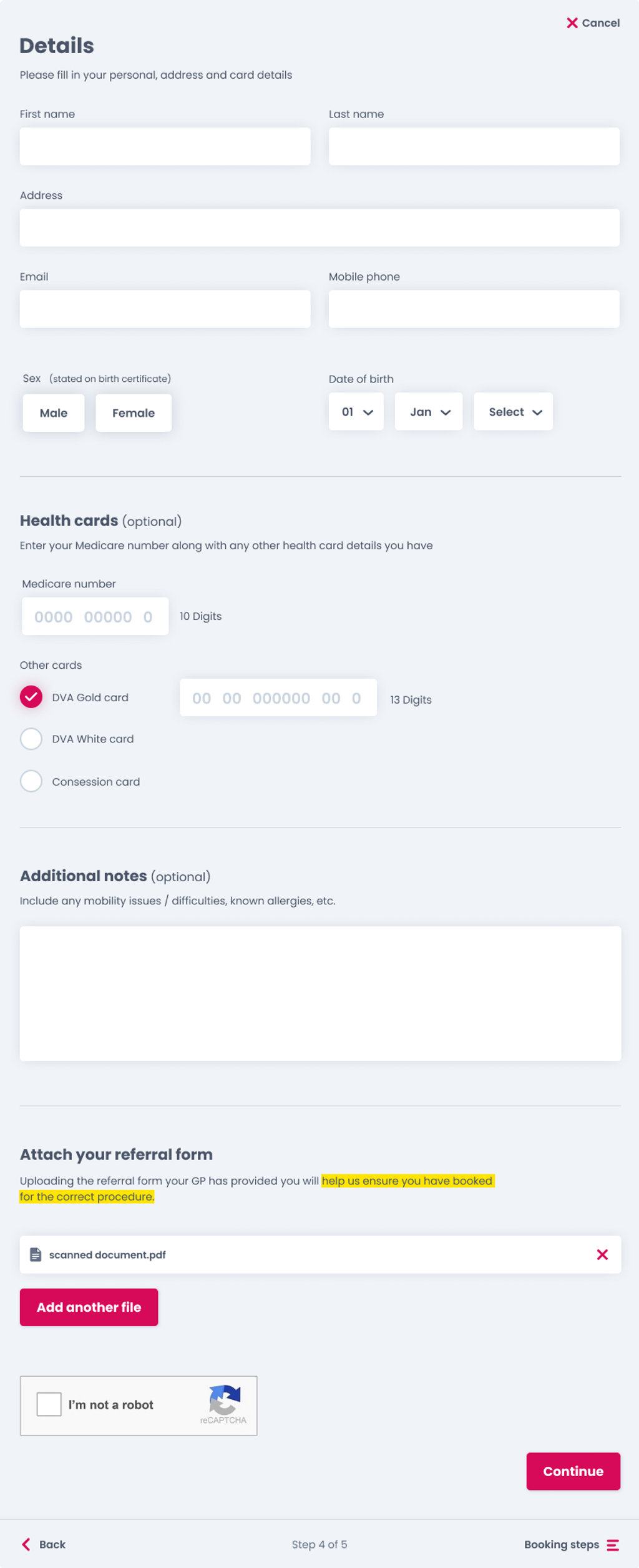 Booking form details.