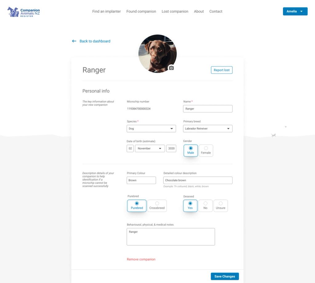 Companion profile edit page.
