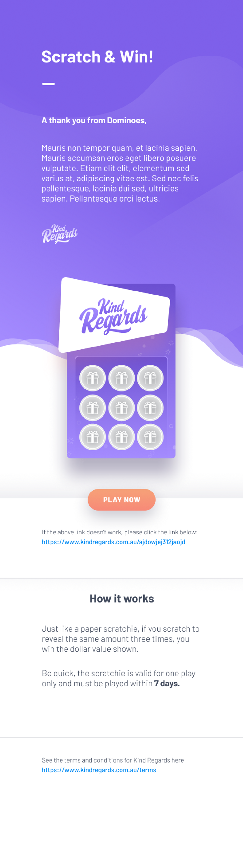 Email design for the Kind Regards scratchies.