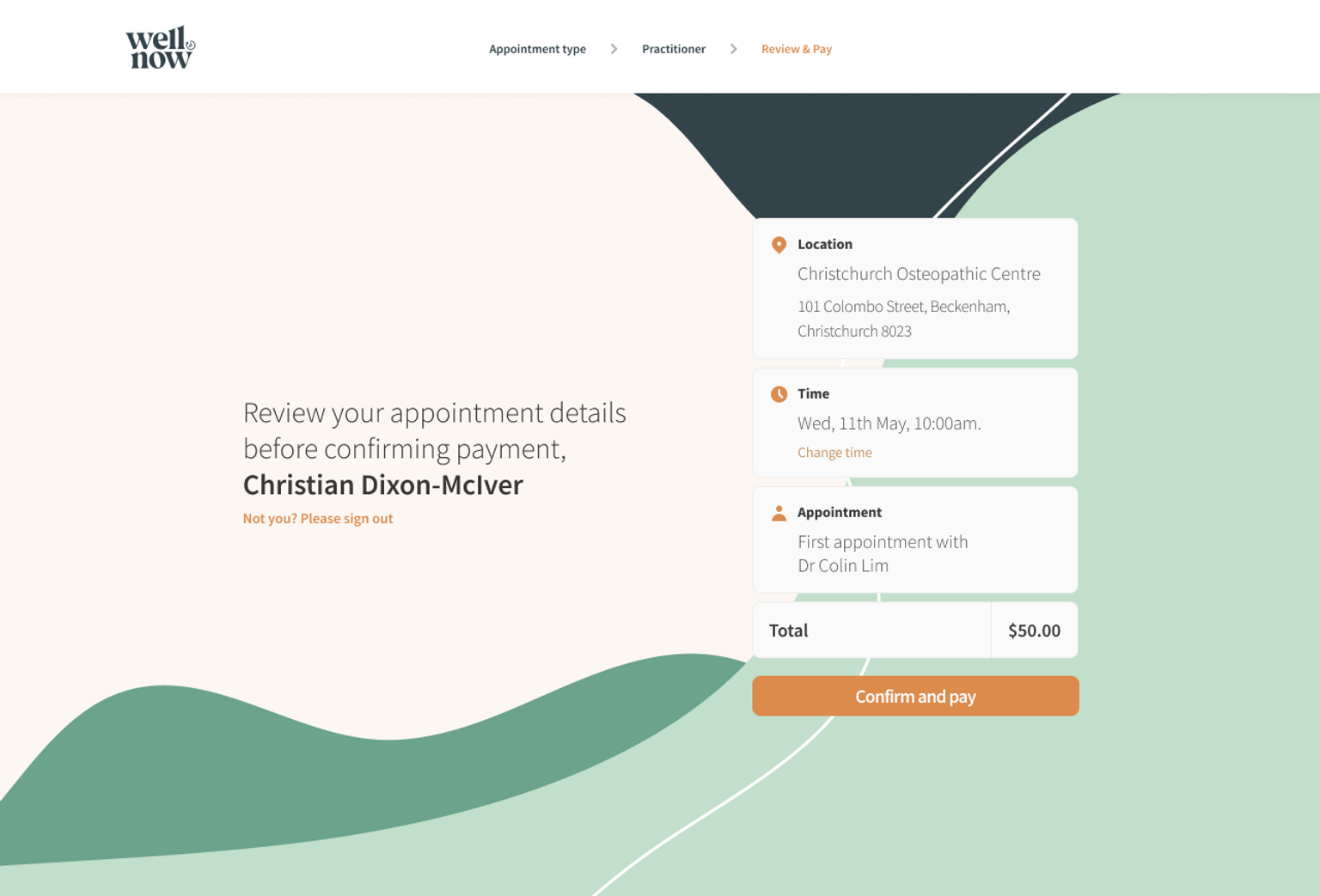 Summary screen of your appointment and prompt to confirm and pay.