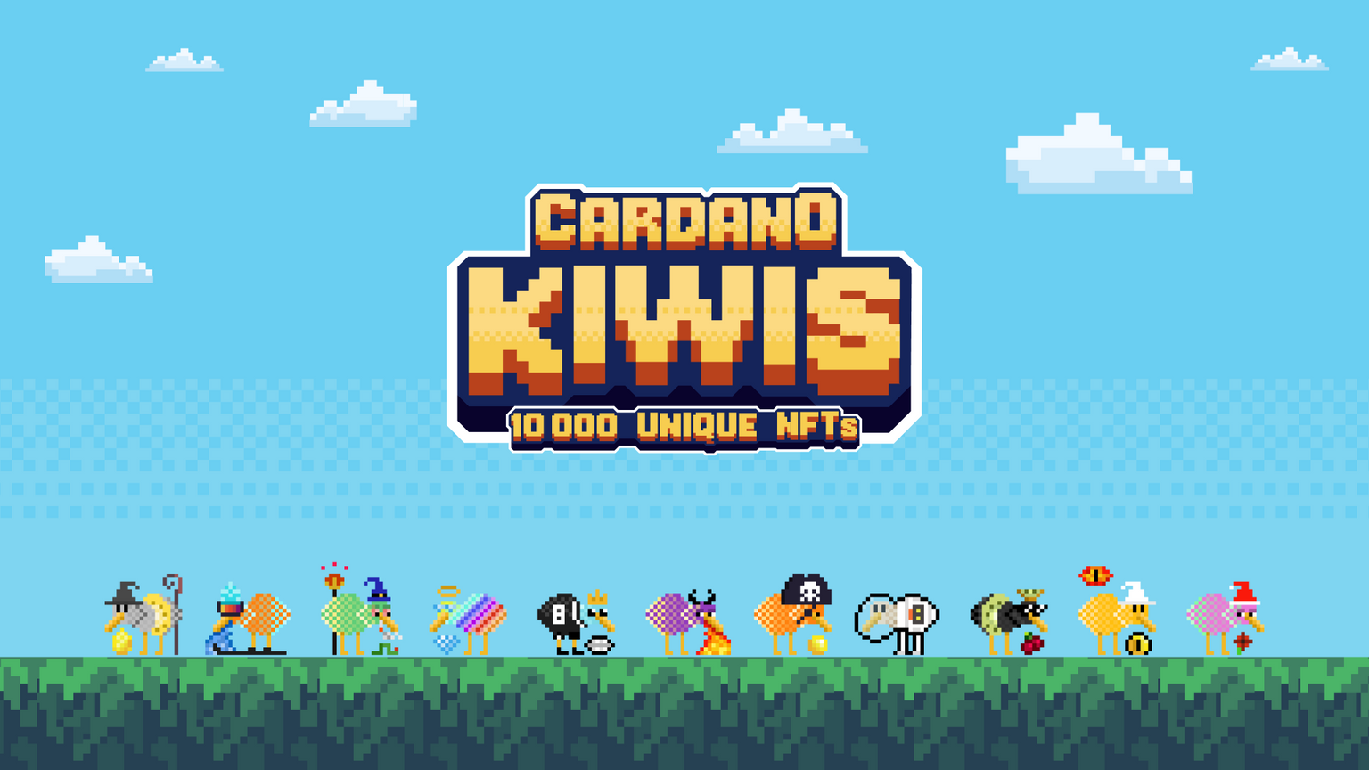 Cardano kiwis hero image, featuring various kiwis on leafy grass.