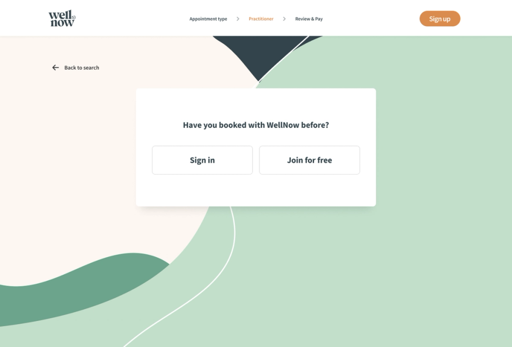 Users are prompted to sign in or register if they haven't already, prior to confirming an appointment.