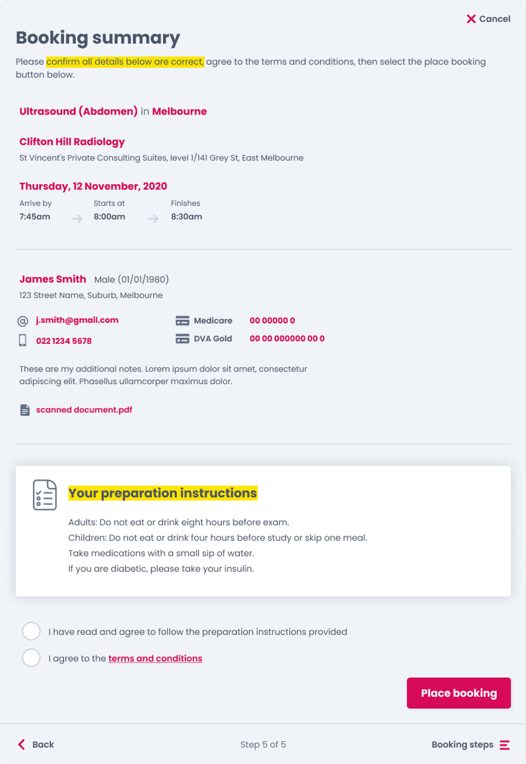 Booking summary.