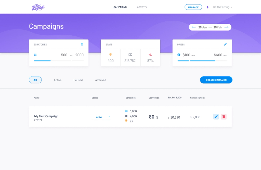 Campaign dashboard for users to view active scratchie campaigns and their statistics.