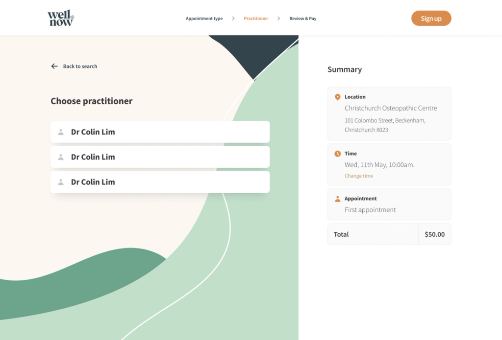 After choosing an appointment type, the user is prompted to choose a practitioner.