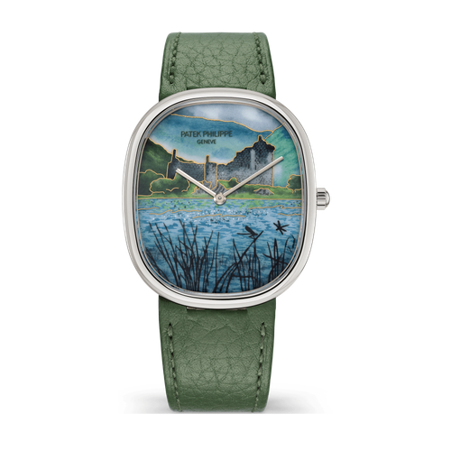 Patek Philippe "Highland Citadel" Rare Handcrafts Golden Ellipse Turquoise White Gold Leather 34.5 x 39.5mm