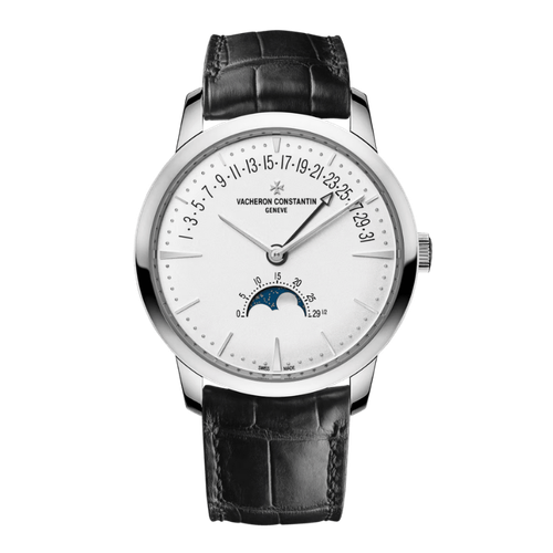 Vacheron Constantin Patrimony Moon Phase Retrograde Date Silver White Gold Alligator Leather 42.5mm