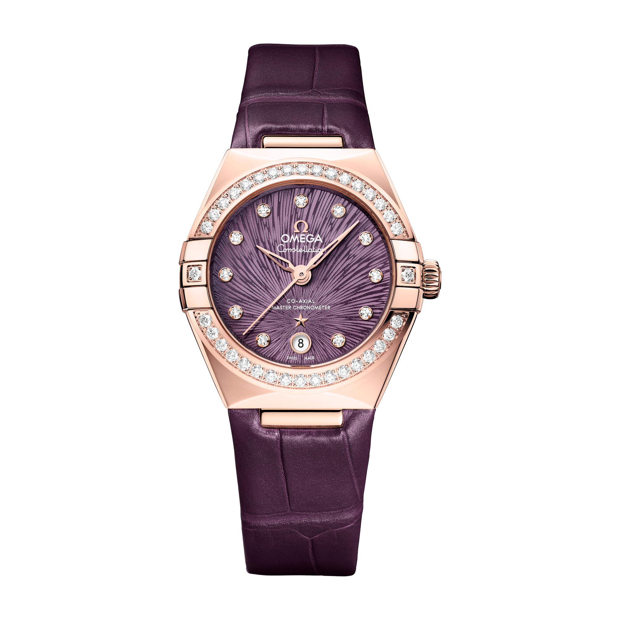 Omega Constellation Purple Rose Gold Alligator Leather 29mm