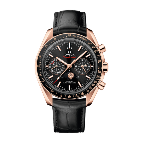 Omega Speedmaster Moonphase Black Rose Gold Alligator Leather 44.3mm