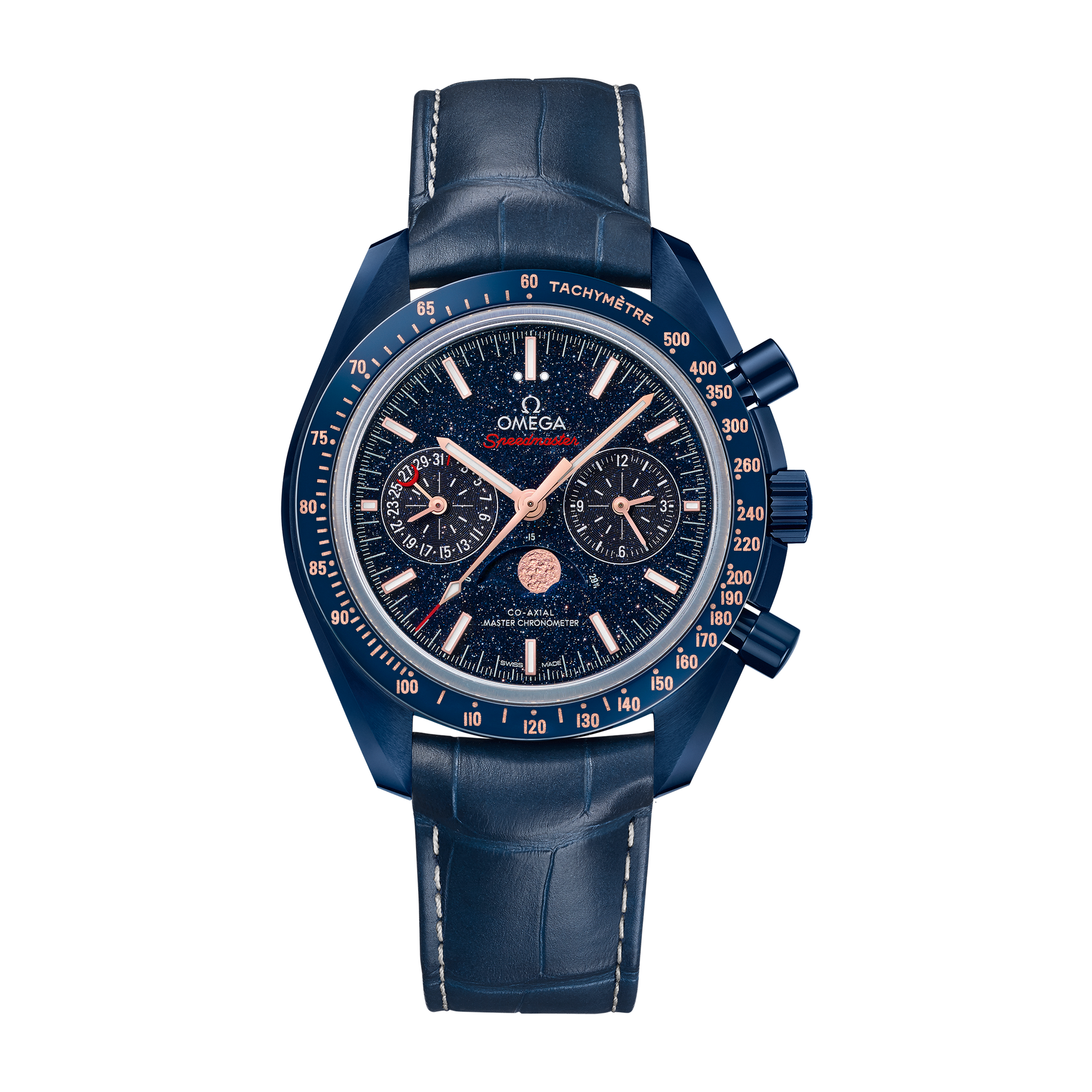 Omega "Blue Side Of The Moon" Speedmaster Moonphase Ceramic Alligator Leather 44.3mm