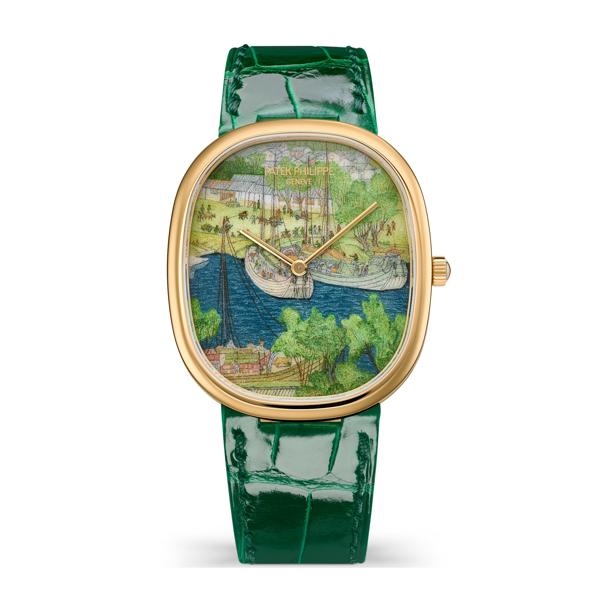 Patek Philippe "Boats in the Port" Rare Handcrafts Golden Ellipse Grey Yellow Gold Alligator Leather 34.5 x 39.5mm