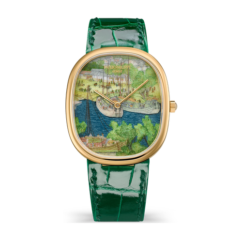 Patek Philippe "Boats in the Port" Rare Handcrafts Golden Ellipse Grey Yellow Gold Alligator Leather 34.5 x 39.5mm