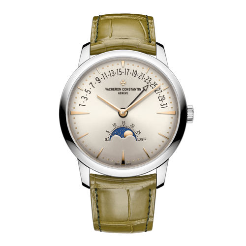 Vacheron Constantin Patrimony Moon Phase Retrograde Date Silver White Gold Alligator Leather 42.5mm