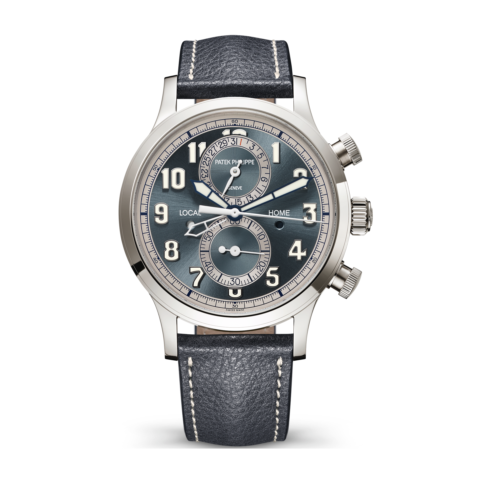 Patek Philippe Complications Calatrava Pilot Travel Time Blue White Gold Leather 42mm
