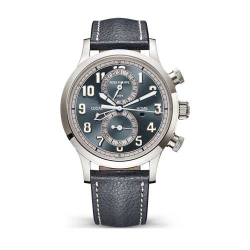 Patek Philippe Complications Calatrava Pilot Travel Time Blue White Gold Leather 42mm