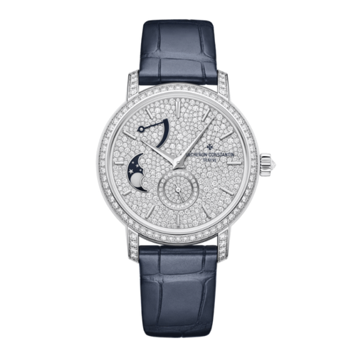 Vacheron Constantin Traditionnelle Moon Phase Diamond Pave White Gold Alligator Leather 37.5mm
