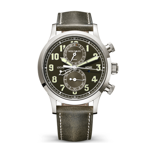 Patek Philippe Complications Calatrava Pilot Travel Time Green White Gold Leather 42mm