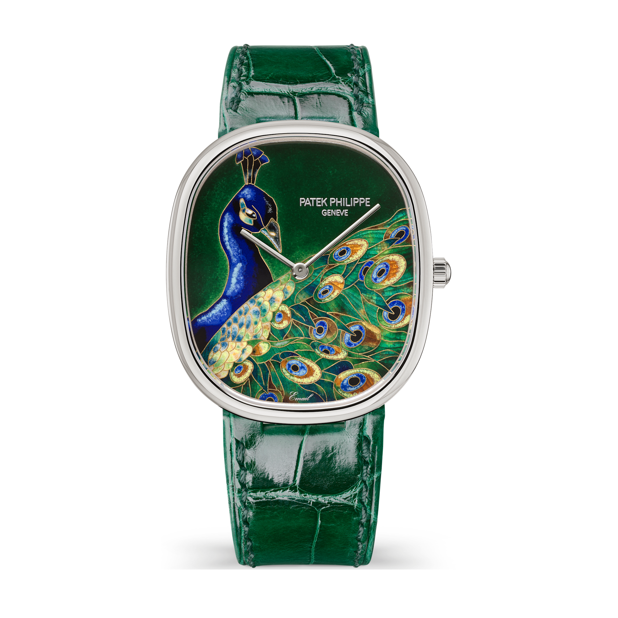 Patek Philippe "Blue Peacock" Rare Handcrafts Golden Ellipse White Gold Alligator Leather 34.5 x 39.5mm