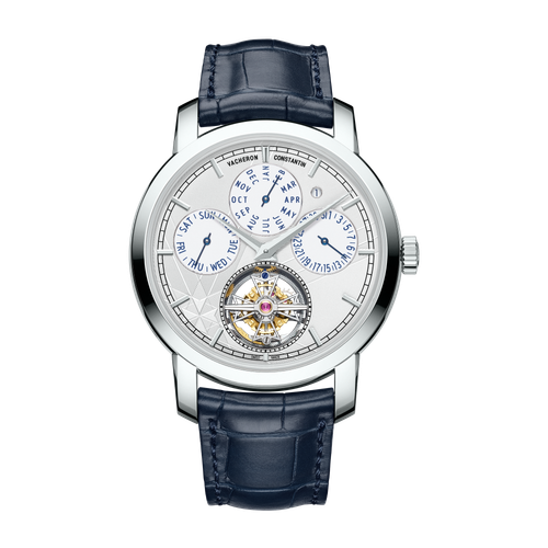 Vacheron Constantin Traditionnelle Tourbillon Perpetual Calendar Silver Platinum Alligator Leather 42mm