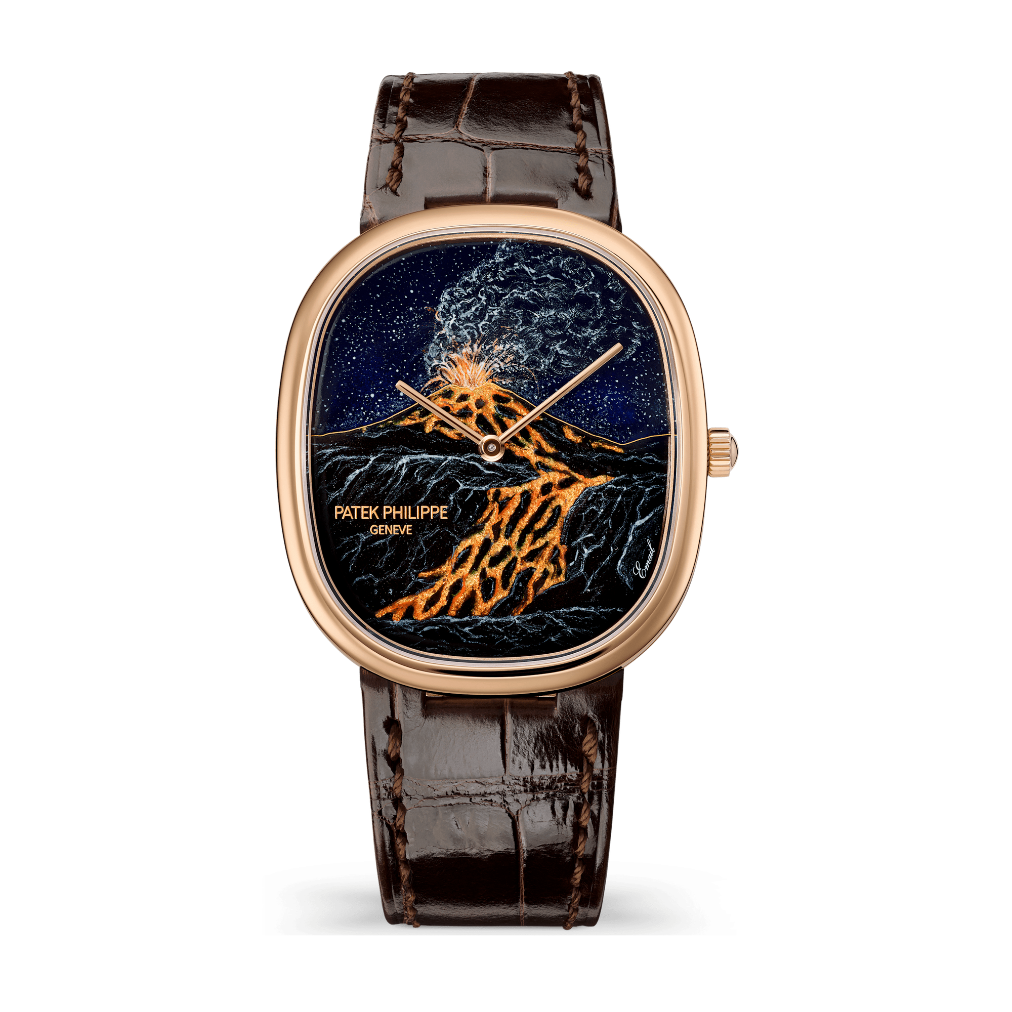 Patek Philippe "Etna" Rare Handcrafts Golden Ellipse Brown Rose Gold Alligator Leather 34.5 x 39.5mm