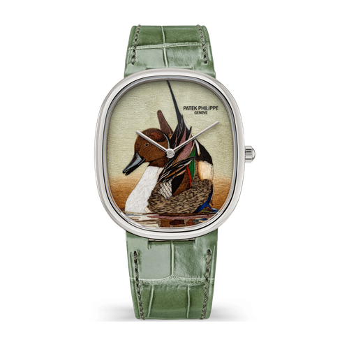 Patek Philippe "Northern Pintail" Rare Handcrafts Golden Ellipse Brown White Gold Alligator Leather 34.5 x 39.5mm