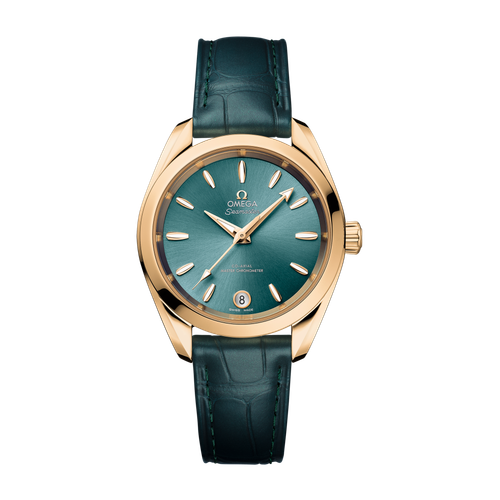 Omega Seamaster Aqua Terra Shades Green Yellow Gold Alligator Leather 34mm