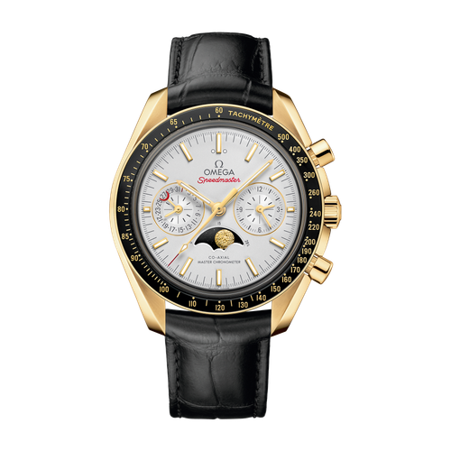 Omega Speedmaster Moonphase Silver Yellow Gold Alligator Leather 44.3mm