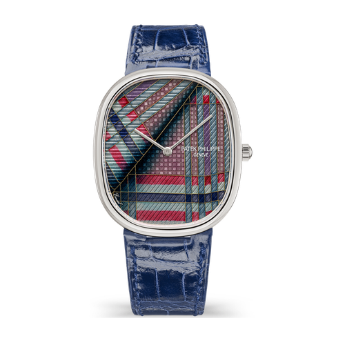 Patek Philippe "Blue Tartan" Rare Handcrafts Golden Ellipse White Gold Alligator Leather 34.5 x 39.5mm