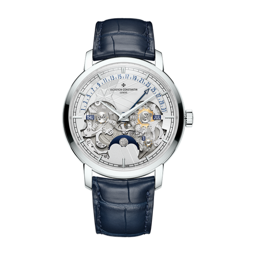 Vacheron Constantin Traditionnelle Perpetual Calendar Retrograde Date Openface Silver Platinum Alligator Leather 41mm