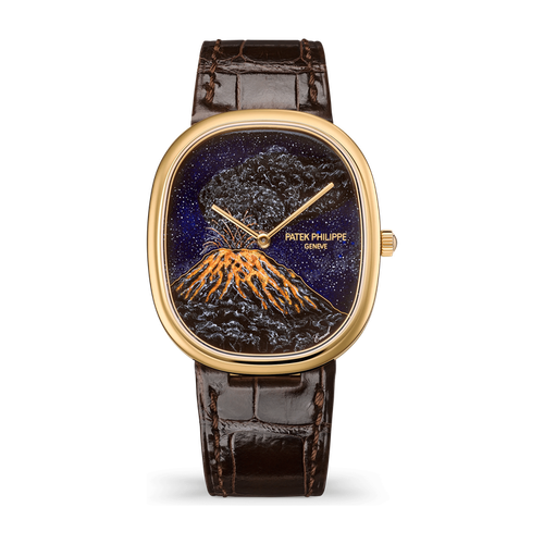 Patek Philippe "Mount Merapi" Rare Handcrafts Golden Ellipse Dark Grey Yellow Gold Alligator Leather 34.5 x 39.5mm