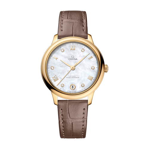 Omega De Ville Prestige White Yellow Gold Alligator Leather 34mm