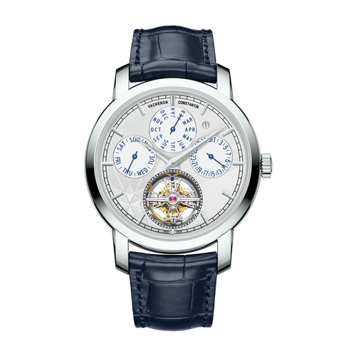 Vacheron Constantin Traditionnelle Tourbillon Perpetual Calendar Silver Platinum Alligator Leather 42mm