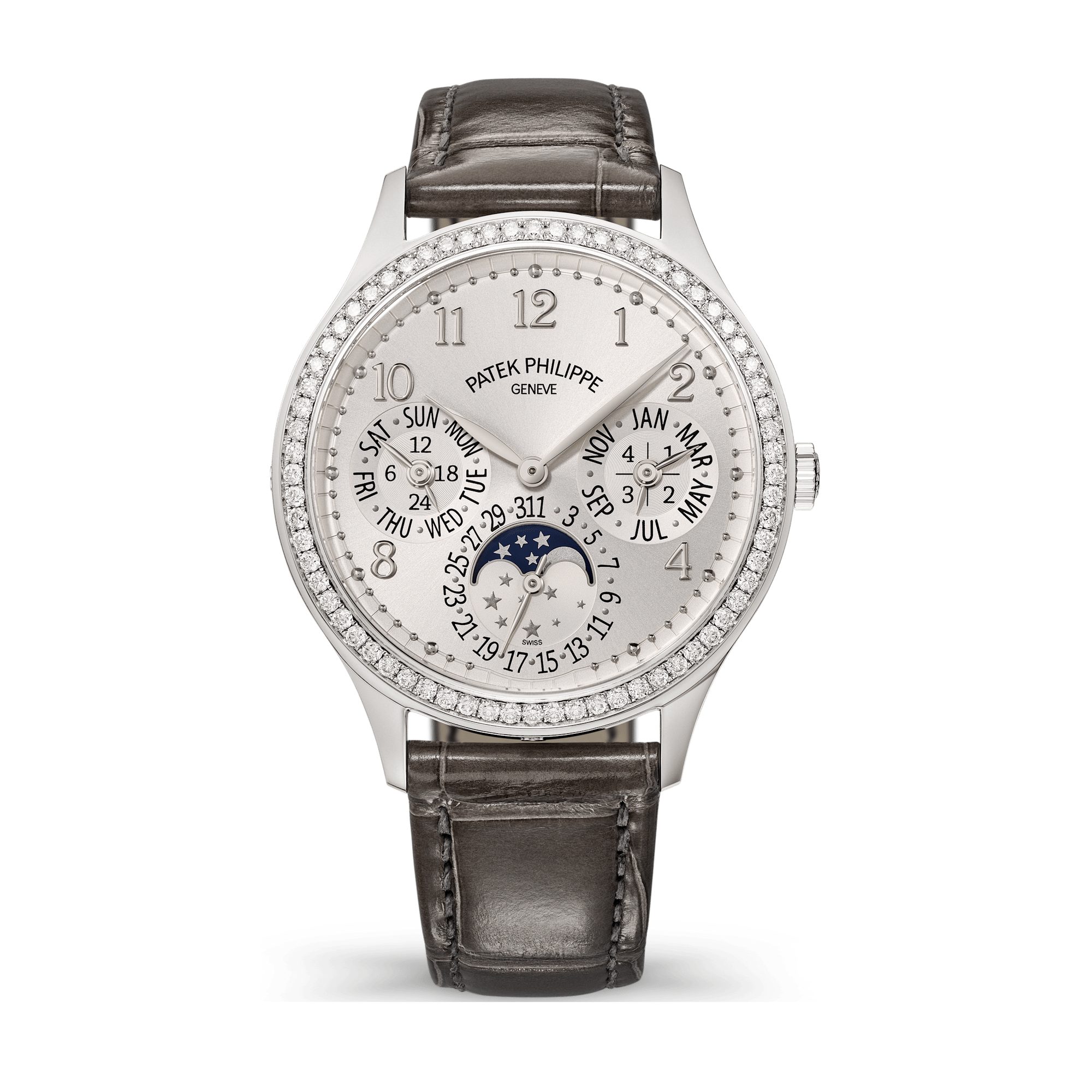 Patek Philippe Grand Complications Silver White Gold Alligator Leather 35.1mm