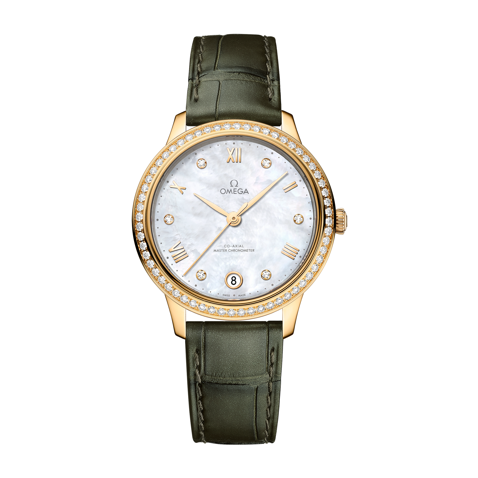 Omega De Ville Prestige White Yellow Gold Alligator Leather 34mm