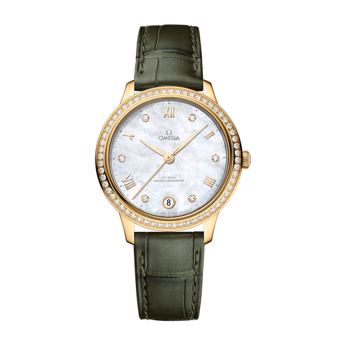 Omega De Ville Prestige White Yellow Gold Alligator Leather 34mm