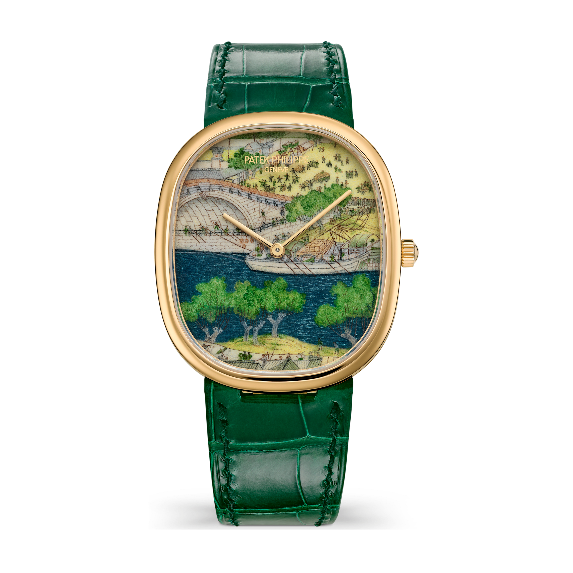 Patek Philippe "Festivities by the River" Rare Handcrafts Golden Ellipse Green Yellow Gold Alligator Leather 34.5 x 39.5mm