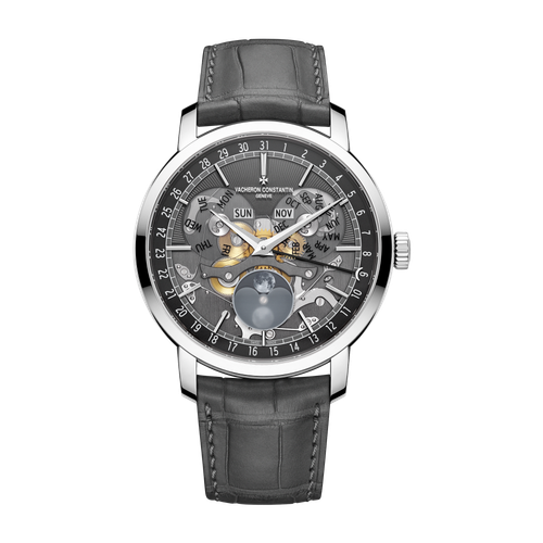 Vacheron Constantin Traditionnelle Complete Calendar Openface Dark Grey White Gold Alligator Leather 41mm