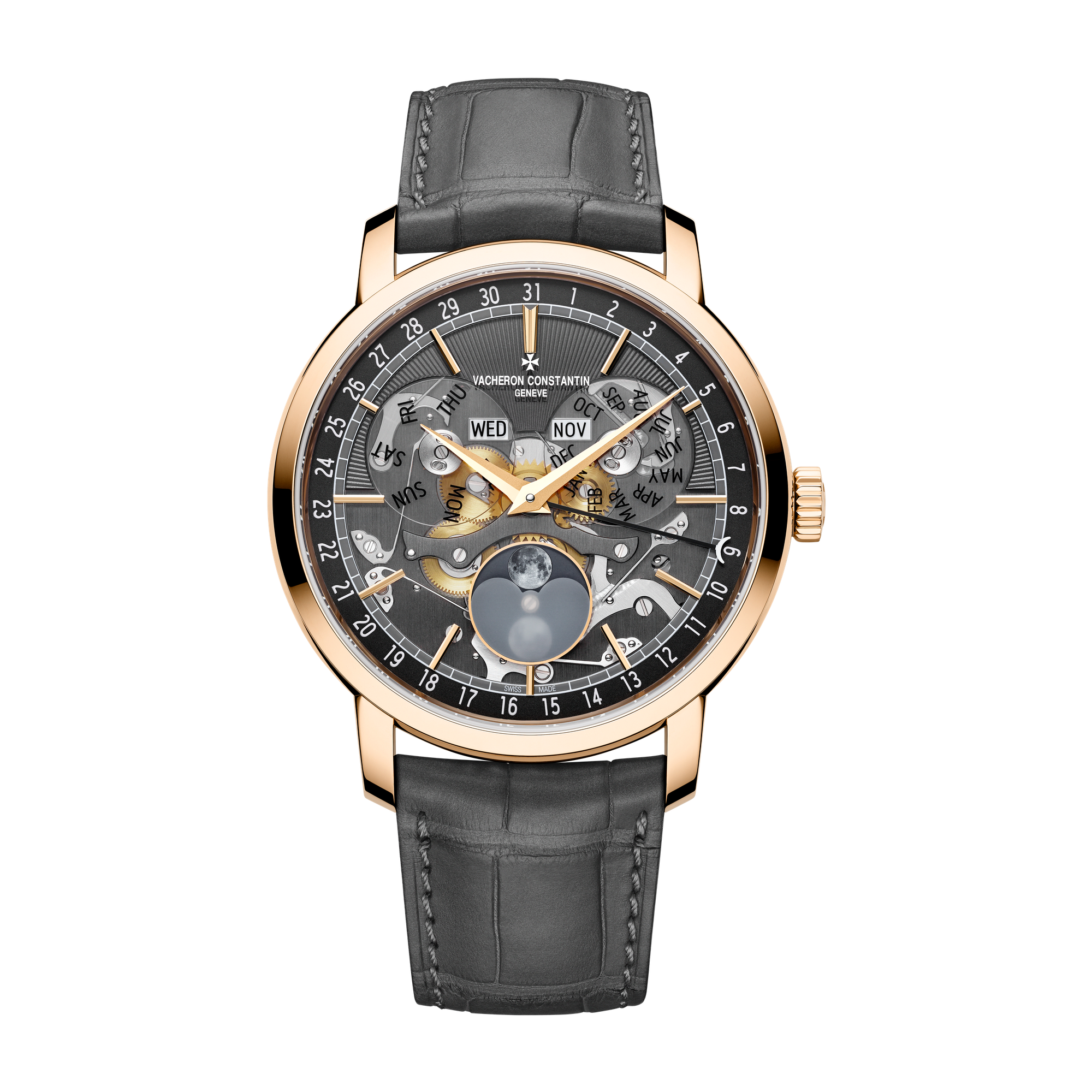 Vacheron Constantin Traditionnelle Complete Calendar Openface Dark Grey Rose Gold Alligator Leather 41mm