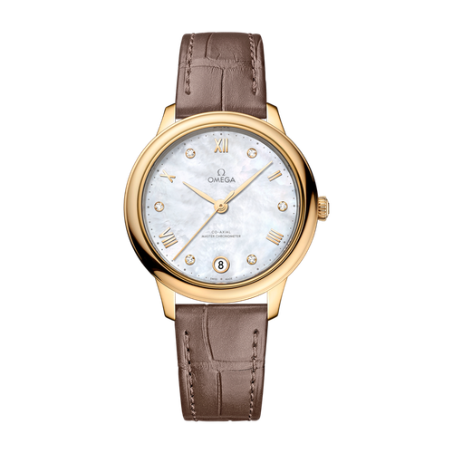 Omega De Ville Prestige White Yellow Gold Alligator Leather 34mm