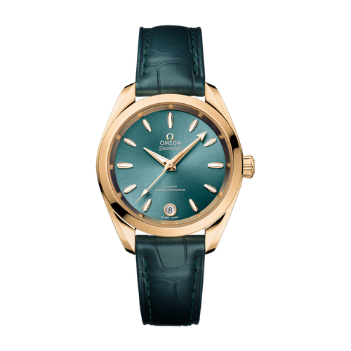 Omega Seamaster Aqua Terra Shades Green Yellow Gold Alligator Leather 34mm