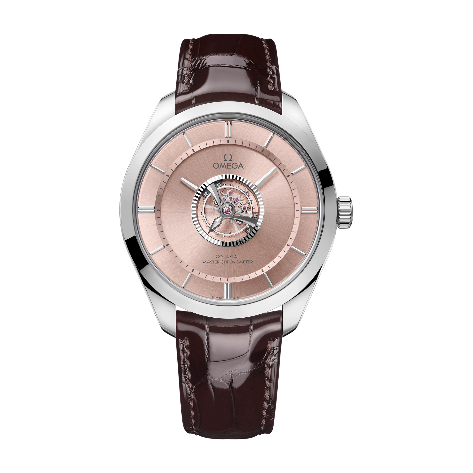 Omega De Ville Tourbillon Brown White Gold Alligator Leather 43mm