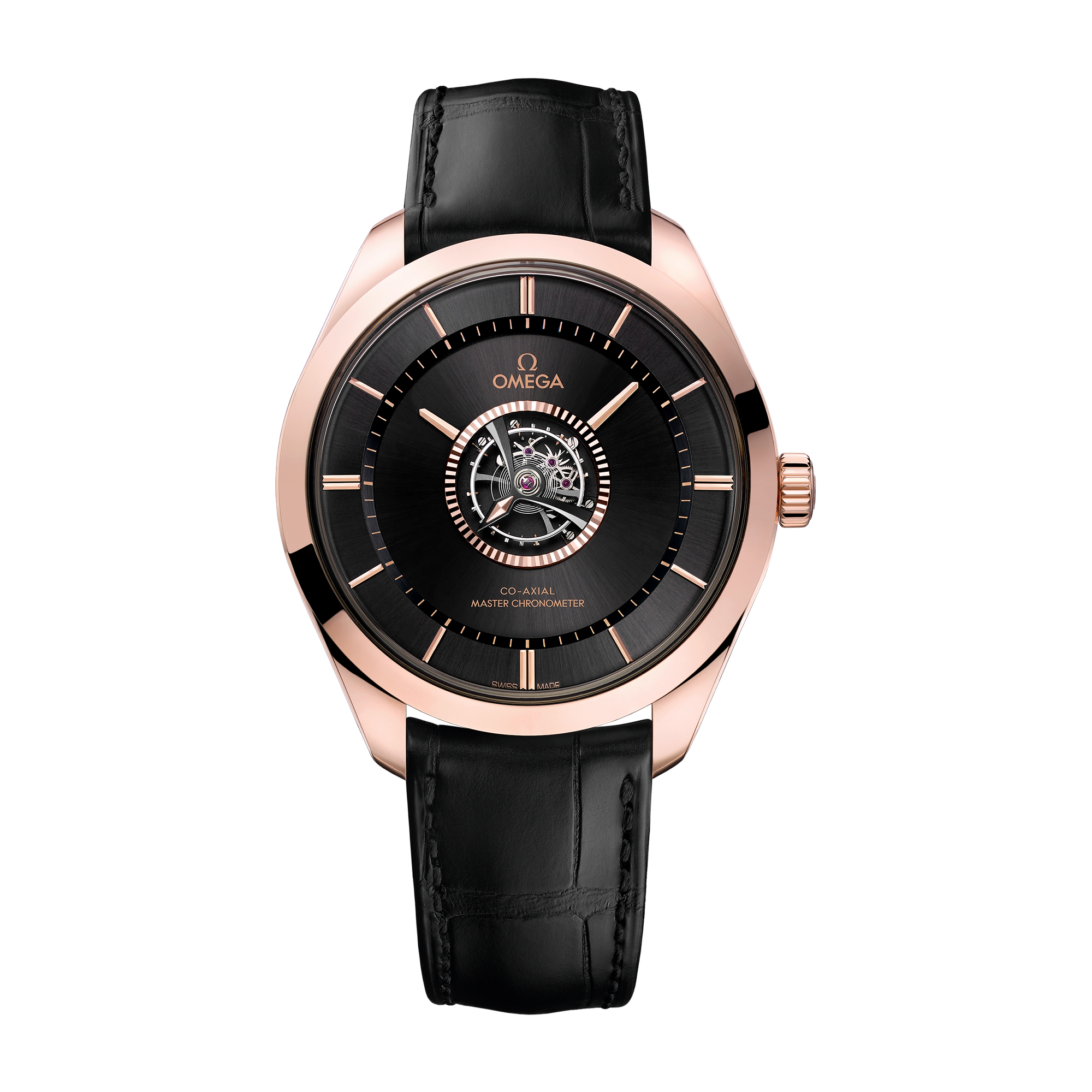Omega De Ville Tourbillon Black Rose Gold Alligator Leather 43mm