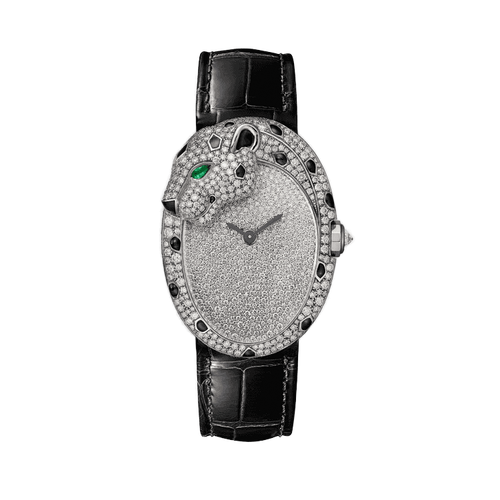 Cartier Panthère Jewelry Diamond Pave White Gold Alligator Leather 28.6mm