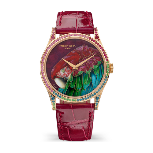 Patek Philippe "Green-Winged Macaw" Rare Handcrafts Rose Gold Alligator Leather 38mm