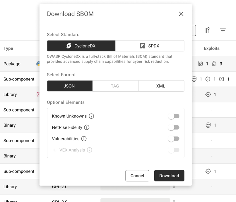 Download SBOM panel — NetRise platform UI