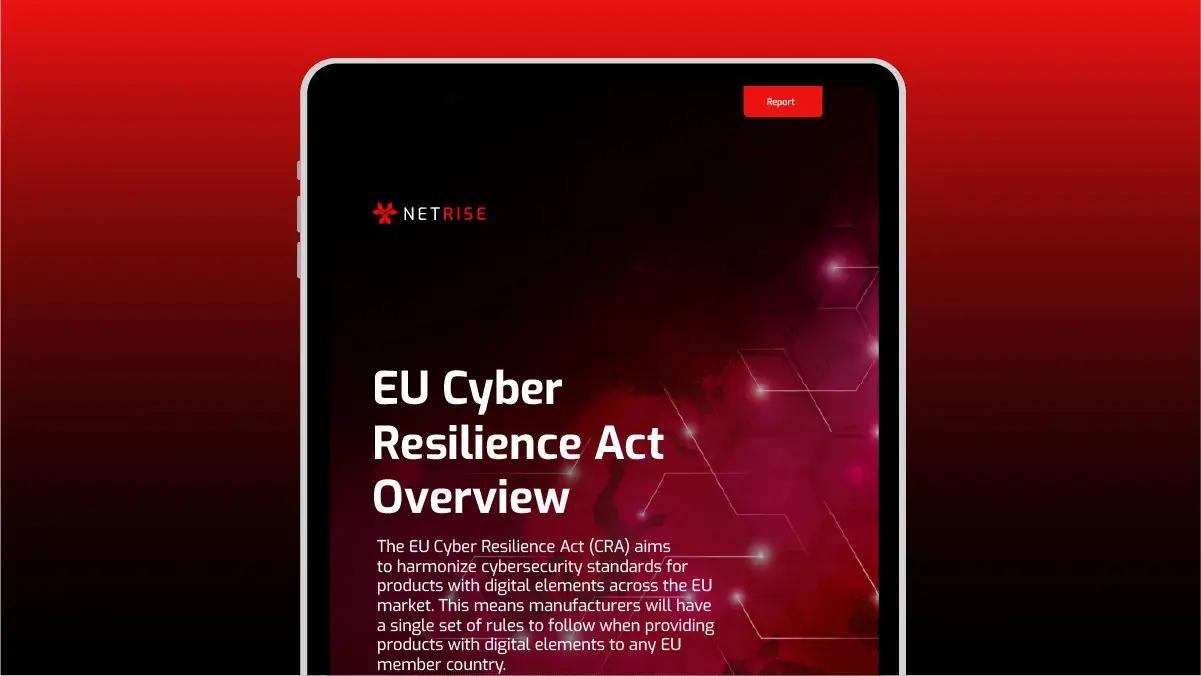 NetRise EU Cyber Resilience Act Overview report cover shown on a tablet against a red background