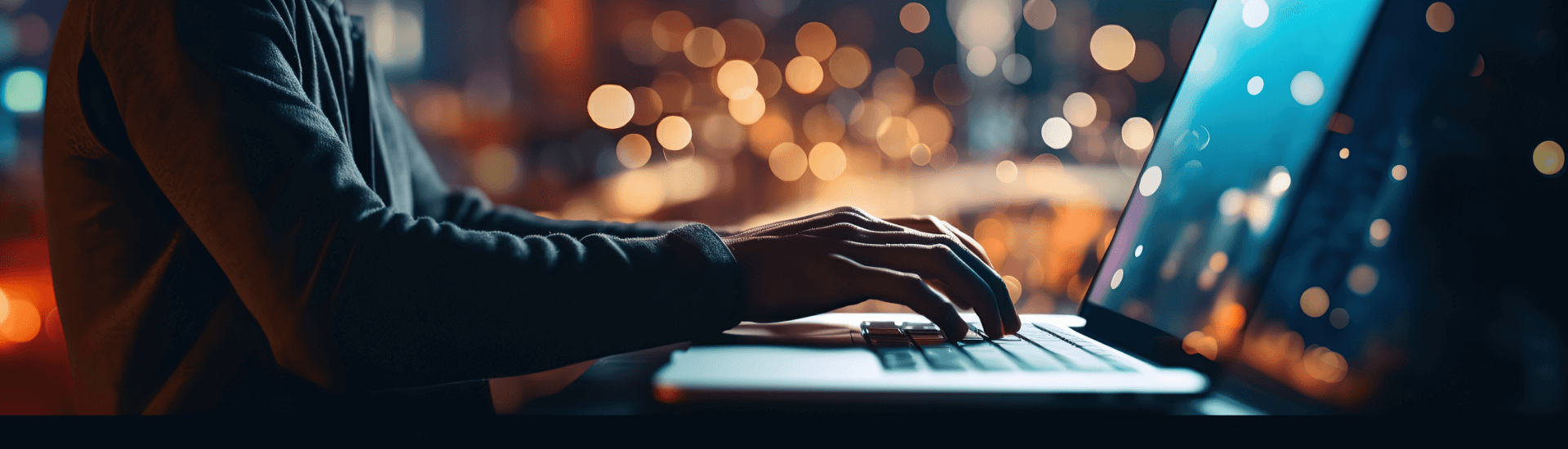 Close-up of hands typing on a laptop at night with warm bokeh city lights in the background